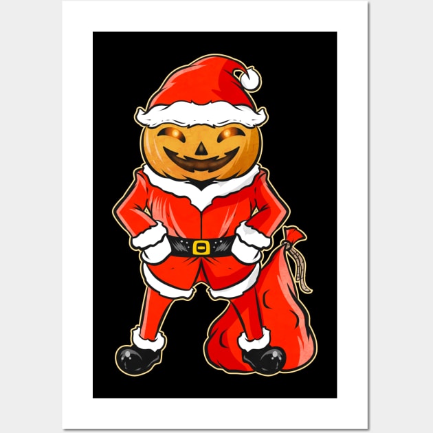 Pumpkin Man In Santa Costume Christmas Hallowxmas Wall Art by SinBle